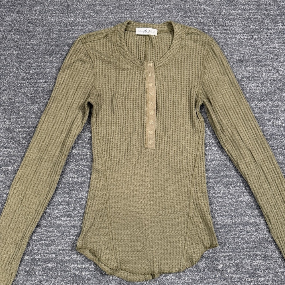 Natural Life Shirt XS Olive Green Waffle Knit Henley Top Boho Cozy Cottagecore